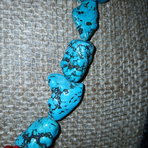 Vintage Chunky Turquoise & Red Coral Necklace - Picture 3 of 7